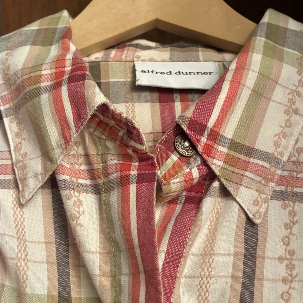 Alfred Dunner Red Tan Green Plaid Button Down Western Granny Core Shirt. Size 14